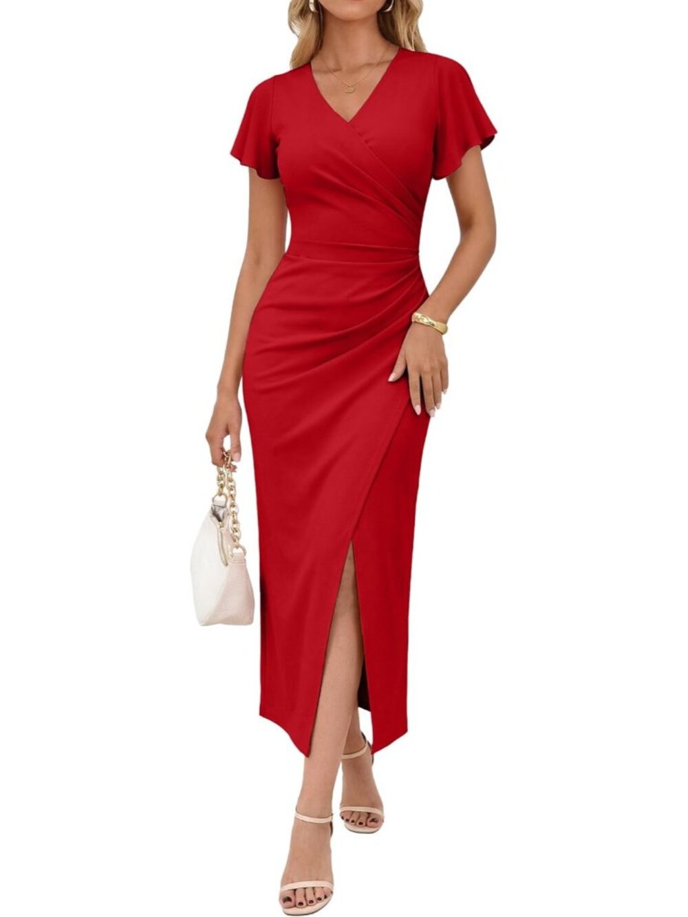 Women's Red Sexy V Neck Faux Wrap Ruffle Sleeve Bodycon Wedding Guest Dresses